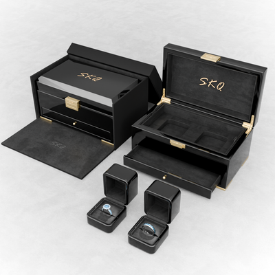Custom Black Piano Lacquer Jewelry Wood Box Set | Large Hinged Box with Pull-Out Drawer + LED Ring Box Black Suede Interior Gold Metal Hinge Lock Brand Hot Stamp for Fine Jewelry Brand Gift | MOQ 100 pcs