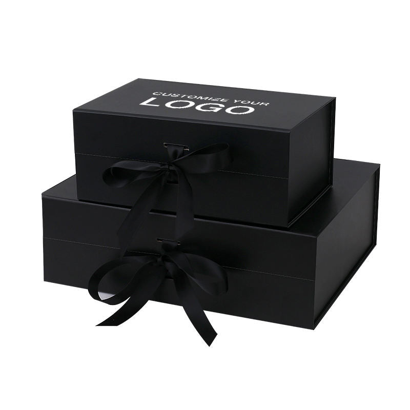 Custom Matte Black Magnetic Gift Box | Silver Logo & Satin Ribbon Bow Multi-Size for Apparel Beauty Jewelry Holiday & Corporate Gifts | MOQ 100 pcs
