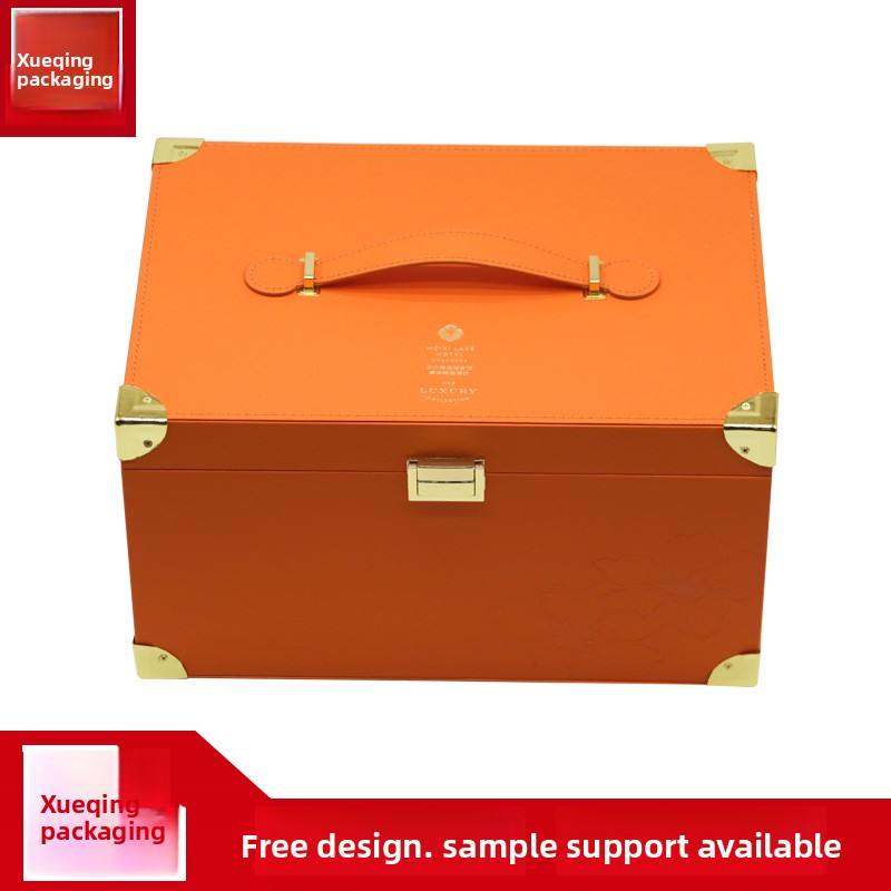 Custom Hermes Orange Litchi Grain PU Leather Large Wood Gift Trunk Box | Gold Corner Guards Front Clasp Leather Handle Top Brand Logo Hot Stamp for Beauty Skincare Jewelry Luxury Brand Premium Gift Set | MOQ 100 pcs