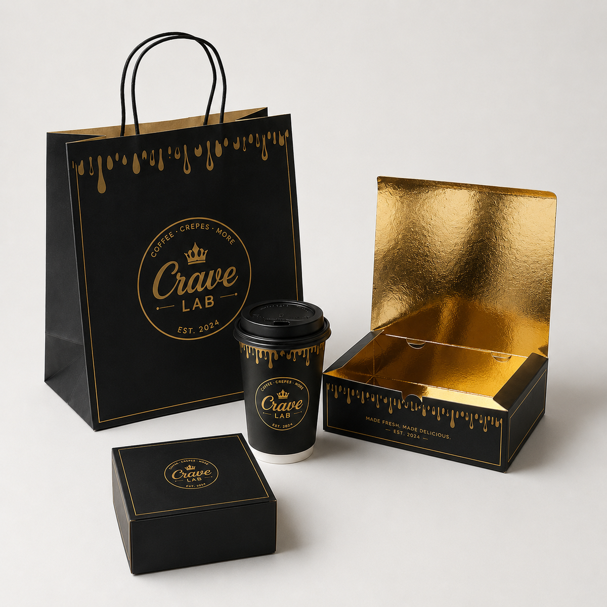Set de empaques personalizados de papel para café Black Gold | Caja de regalo, tazas de café, bandeja para bebidas y bolsa de papel | Cantidad mínima de pedido: 100 unidades