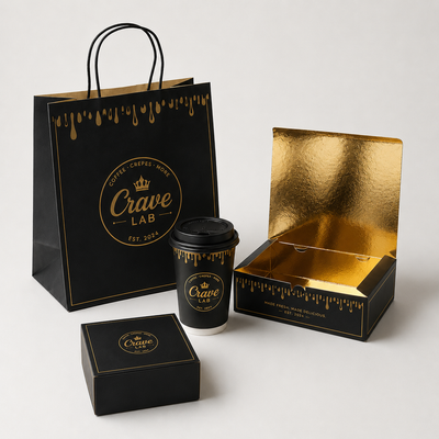 Set de empaques personalizados de papel para café Black Gold | Caja de regalo, tazas de café, bandeja para bebidas y bolsa de papel | Cantidad mínima de pedido: 100 unidades