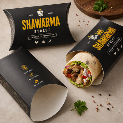 Caja de Almohada Impresa a Todo Color Personalizada para Shawarma y Sándwiches | Impresión de Marca en Negro y Dorado con Ventana Lateral Transparente para Envasado de Comida Rápida para Llevar | Cantidad Mínima de Pedido 100 unidades