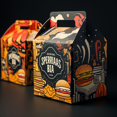 Custom Printed Gable Handle Food Boxes | Full-Color Illustration Burger Meal Carry Box with Logo | MOQ 100 pcs