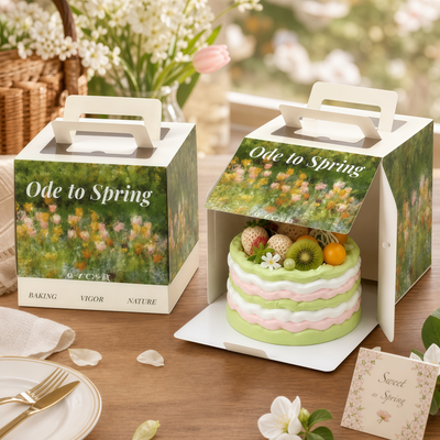 Caja para Tartas Enteras con Asa, Impresión a Todo Color Personalizada y Apertura Frontal | Estampado Botánico de Pintura al Óleo para Presentación de Tartas Premium de Panadería, Boda y Vacaciones de 6 y 8 Pulgadas | MOQ 100 unidades