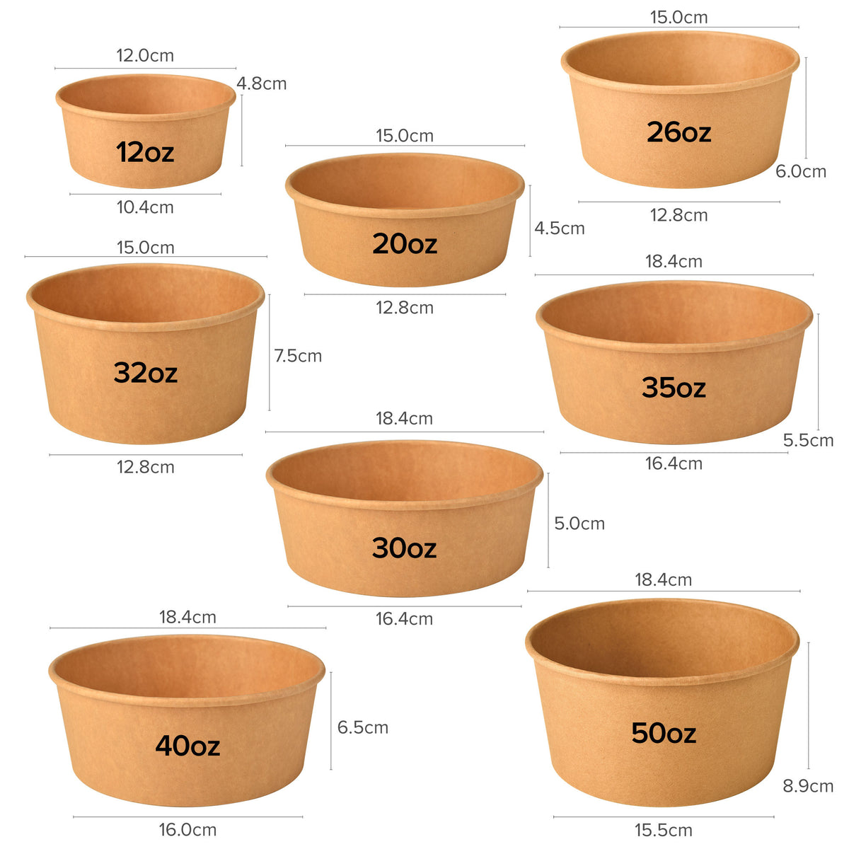 Cuencos redondos de papel Kraft personalizados | Envase de 12oz a 50oz para ensaladas y pollo para llevar con logotipo | Cantidad mínima de pedido 100 unidades