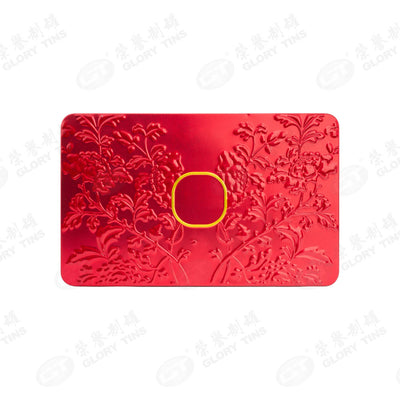 Custom Large Rectangle Chinese Style Embossed Peony Tin Box | Red Full-Surface 3D Floral Emboss Gold Brand Badge Print Hinged Lid for Mooncake Pastry & Premium Mid-Autumn Spring Festival Gift Tin | MOQ 100 pcs