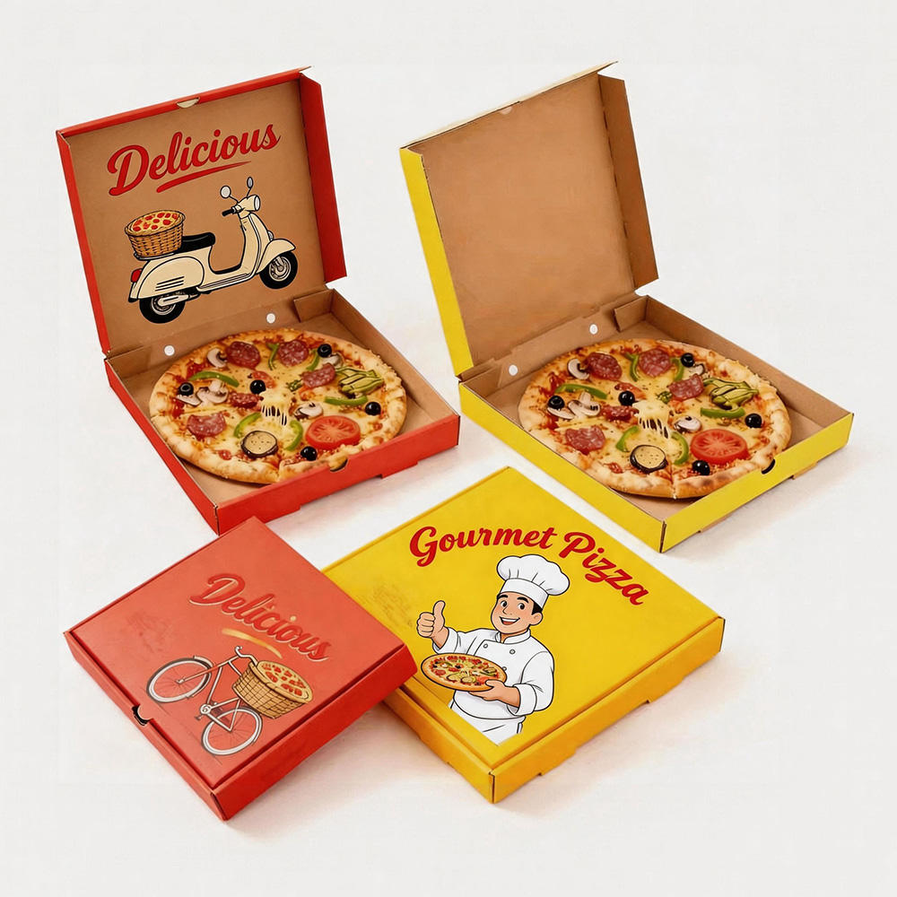 Custom Full-Color Double-Sided Print Pizza Box | Inner & Outer Brand Print in Green Red Yellow with Cartoon Chef & Bicycle Theme for Premium Pizza Brand Experience Packaging | MOQ 100 pcs