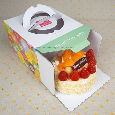 Custom Full-Color Print Paper Cake Carry Box with Handle | Birthday Circus Geometric & Theme Print for Whole Cake Bakery Dessert Shop Takeaway Packaging | MOQ 100 pcs