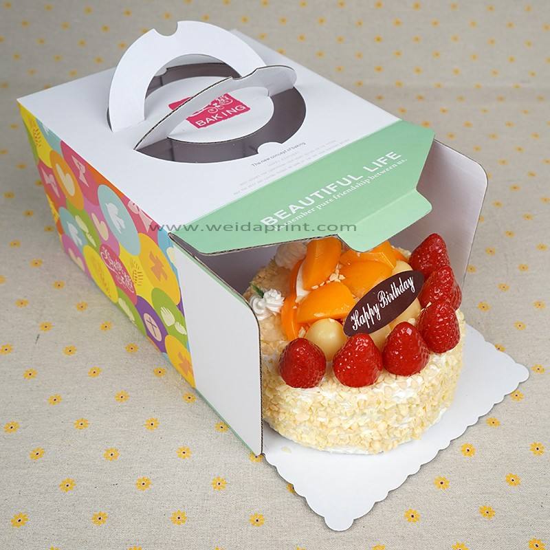 Custom Full-Color Print Paper Cake Carry Box with Handle | Birthday Circus Geometric & Theme Print for Whole Cake Bakery Dessert Shop Takeaway Packaging | MOQ 100 pcs
