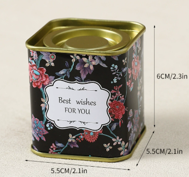 Custom Small Square Floral Romantic Tin Can with Gold Rim | 5.5x5.5x6cm Multi-Color Romantic Happiness Best Wishes Print for Tea Candy Aromatherapy & Small Gift Tin Packaging | MOQ 100 pcs