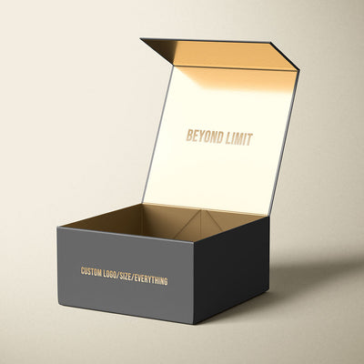Custom Matte Black Magnetic Gift Box | Gold Foil Logo & Gold Interior Lining for Luxury Apparel Sports Corporate & Premium Gifts | MOQ 100 pcs