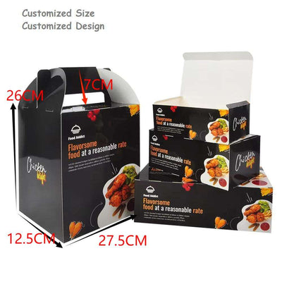 Juego de Cajas para Comida de Pollo Impresas Personalizadas | Caja con Asa y Cajas con Tapa Abatible con Logo | Cantidad Mínima 100 unidades