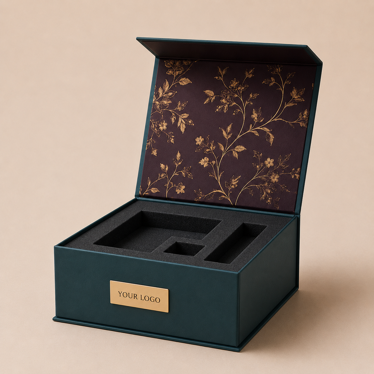 Custom Dark Green Magnetic Gift Box | Gold Foil Botanical Interior Print & EVA Foam Insert Gold Logo Plaque for Perfume Skincare Jewelry & Luxury Corporate Gifts | MOQ 100 pcs