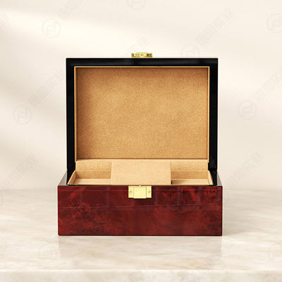 Custom Single Watch Wood Box | Deep Red Piano Lacquer Gold Top Clasp & Front Lock Beige Suede Watch Pillow Interior Black Edge Contrast for Luxury Watch Brand Premium Gift Packaging | MOQ 100 pcs
