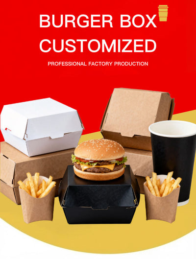 Cajas para Hamburguesas de Papel Kraft Personalizadas | Set de Empaques para Alimentos con Vasos para Patatas Fritas y Bandejas para Hot Dogs | Cantidad Mínima de Pedido 100 unidades