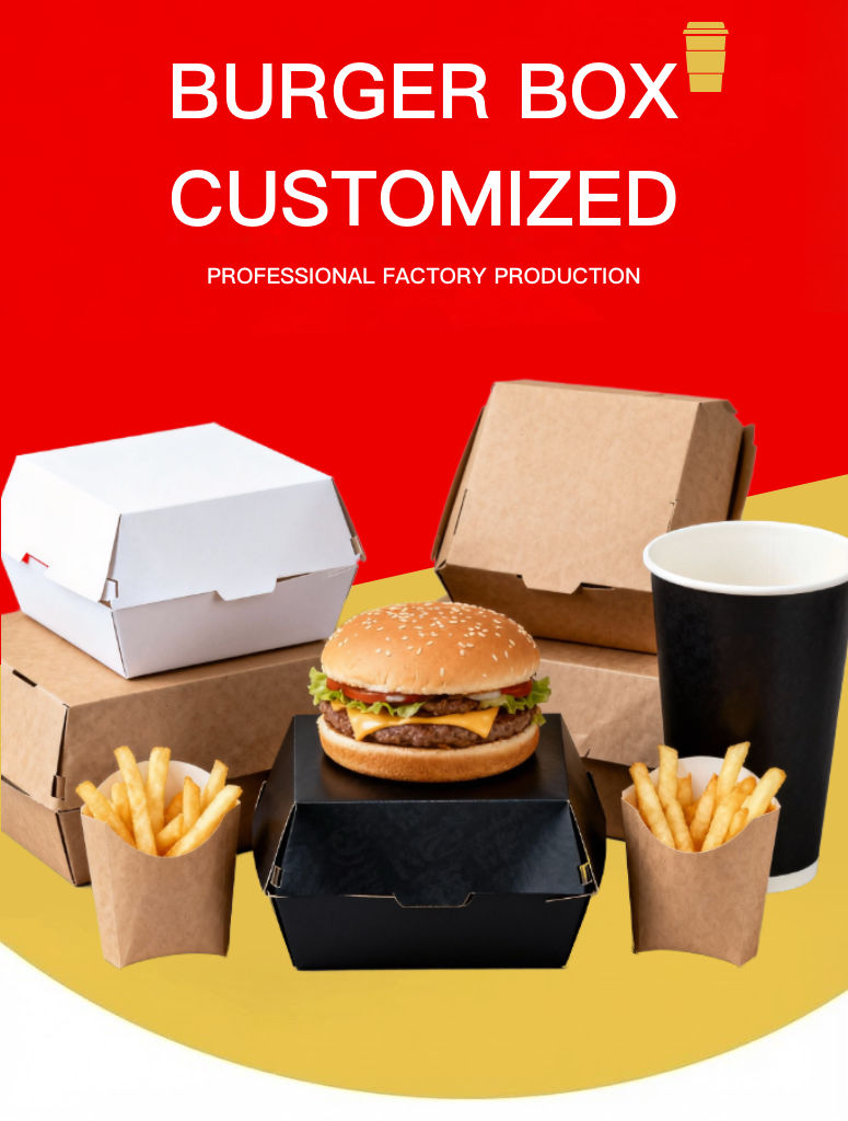 Cajas para Hamburguesas de Papel Kraft Personalizadas | Set de Empaques para Alimentos con Vasos para Patatas Fritas y Bandejas para Hot Dogs | Cantidad Mínima de Pedido 100 unidades