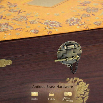 Custom Chinese Antique Style Dark Walnut Wood Treasure Gift Box | Gold Floral Brocade Lid Brand Logo Antique Brass Hinge Round Lock Corner Guard EVA Velvet Insert for Tea Jewelry Cigar Wine Festival Gift | MOQ 100 pcs