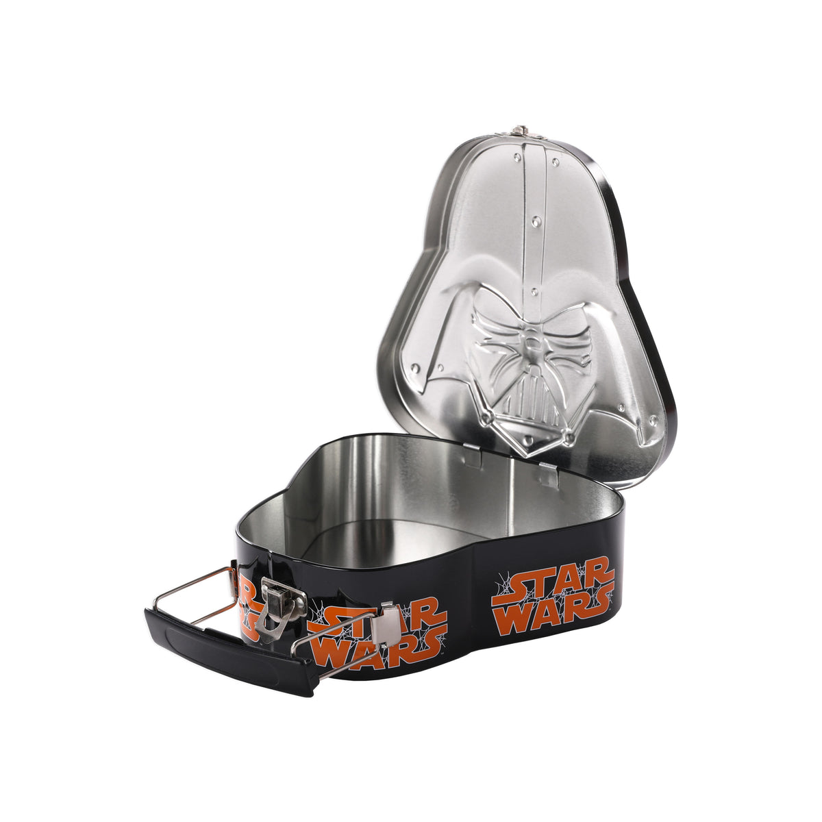 Custom Darth Vader Helmet Shape Tin Box | 3D Embossed Black with Metal Handle & Clasp Food Grade Sci-Fi Collector Tin for Candy Cookie & Character Brand Gift Packaging | MOQ 100 pcs
