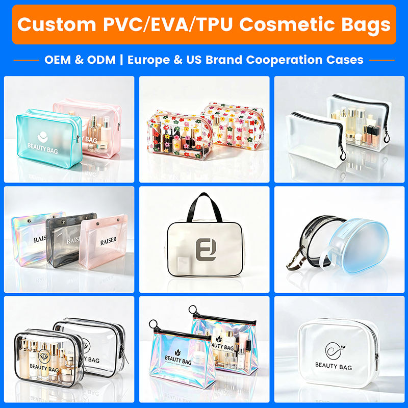 Custom Clear Holographic PVC EVA TPU Cosmetic Makeup Bag | Square Rectangle Cylinder Multi-Style Black Zipper Brand Logo Print for Beauty Travel Toiletry Skincare Brand Gift Set Packaging | MOQ 100 pcs