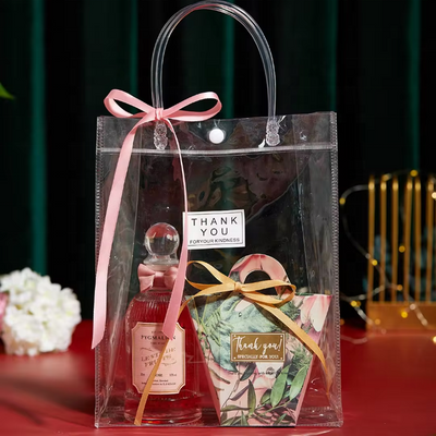 Custom Crystal Clear PVC Tote Shopping Bag | Transparent Tube Handle Rivet Closure Multi-Size Brand Logo Print for Gift Beauty Fashion Retail Wedding Event Party Favor Packaging | MOQ 100 pcs