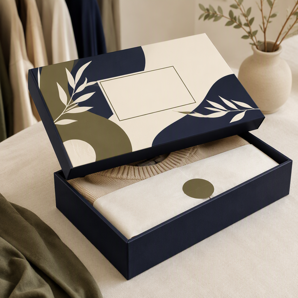 Custom Full-Color Print Flat Two-Piece Lid and Base Apparel Gift Box | Geometric Stripe or Botanical Print with Tissue Wrap for Shirt T-Shirt & Fashion Retail Brand Packaging | MOQ 100 pcs