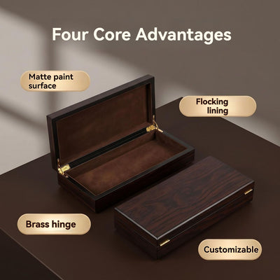 Custom Dark Brown High-Gloss Piano Lacquer Multi-Size Hinged Wood Gift Box | Gold Hinge Wine Red Velvet Interior Minimalist Clasp-Free Design Rectangle Square Slim Sizes for Pen Watch Jewelry Perfume Brand Premium Gift | MOQ 100 pcs