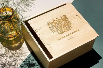 Custom Natural Solid Wood Laser Engraved Sliding Lid Gift Box | Walnut or Pine Custom Brand Logo Name Monogram & Date Top Engraving for Wedding Anniversary Photo Keepsake Personalized Brand Gift | MOQ 100 pcs