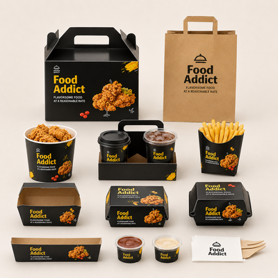 Set de embalaje personalizado negro para comida rápida | Vasos y bolsas para pollo frito y hamburguesas con logo | Cantidad mínima de pedido: 100 unidades