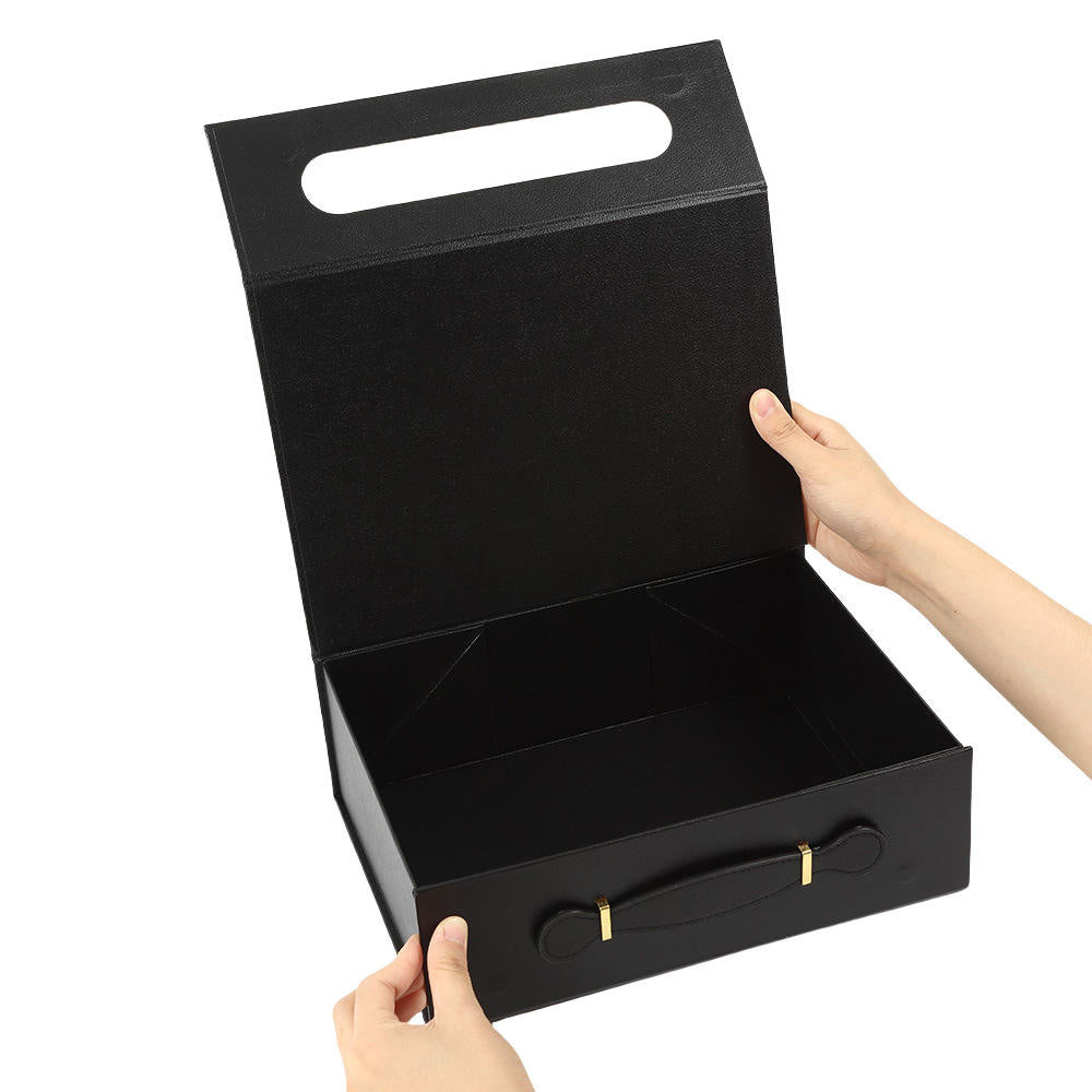 Custom Briefcase Style Foldable Gift Box | Leather Handle & Gold Clasp Multi-Color for Beauty Holiday Corporate & Luxury Retail Gifts | MOQ 100 pcs
