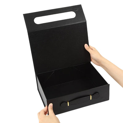 Custom Briefcase Style Foldable Gift Box | Leather Handle & Gold Clasp Multi-Color for Beauty Holiday Corporate & Luxury Retail Gifts | MOQ 100 pcs