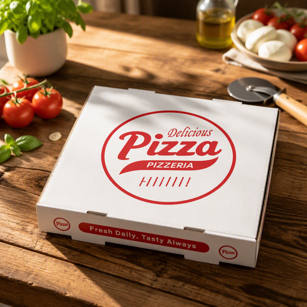 Custom Standard Square Corrugated Pizza Box | White Food Grade with Full-Color Brand Logo Print in Multiple Sizes for Pizza Restaurant & Takeaway Delivery Packaging | MOQ 100 pcs
