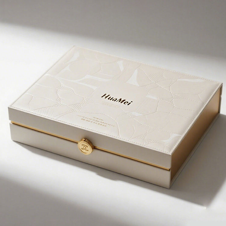 Custom Ivory Two-Piece Lid and Base Gift Box | Gold Foil Floral Border or Embossed Texture with Metal Clasp for Premium Skincare Beauty Sets & Luxury Holiday Gift Packaging | MOQ 100 pcs