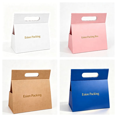 Custom Tri-Fold Die-Cut Handle Gift Boxes | Foldable Trapezoid with Gold Logo for Retail Beauty Gift & Apparel Brands | MOQ 100 pcs