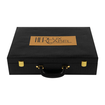 Custom Large Briefcase Style Wood Box | Black Matte Wood Grain Gold Metal Clasp & Handle Red Satin Interior Inner Lid Brand Logo Print for Beauty Skincare Perfume Jewelry Wine Gift Set | MOQ 100 pcs