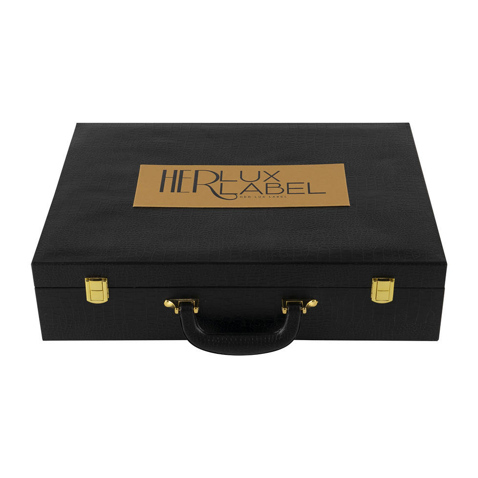 Custom Large Briefcase Style Wood Box | Black Matte Wood Grain Gold Metal Clasp & Handle Red Satin Interior Inner Lid Brand Logo Print for Beauty Skincare Perfume Jewelry Wine Gift Set | MOQ 100 pcs