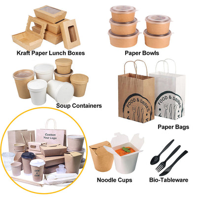 Custom Kraft Paper Takeout Packaging Full Set | Lunch Boxes Bowls Soup Cups Noodle Cups Bags & Tableware | MOQ 100 pcs