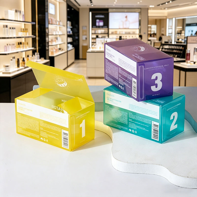 Custom Colored Gradient Translucent PVC Folding Packaging Box | Full Color Brand Logo Print Optional Hang Hole Rose Pink Purple Iridescent for Beauty Sponge Makeup Tool Skincare Cosmetics Retail Shelf Display | MOQ 100 pcs
