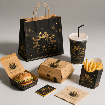 Custom Holiday Christmas Fast Food Paper Box Set | Burger Box Fry Cup Carry Box & Paper Bag | MOQ 100 pcs