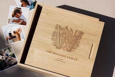 Custom Natural Solid Wood Laser Engraved Sliding Lid Gift Box | Walnut or Pine Custom Brand Logo Name Monogram & Date Top Engraving for Wedding Anniversary Photo Keepsake Personalized Brand Gift | MOQ 100 pcs