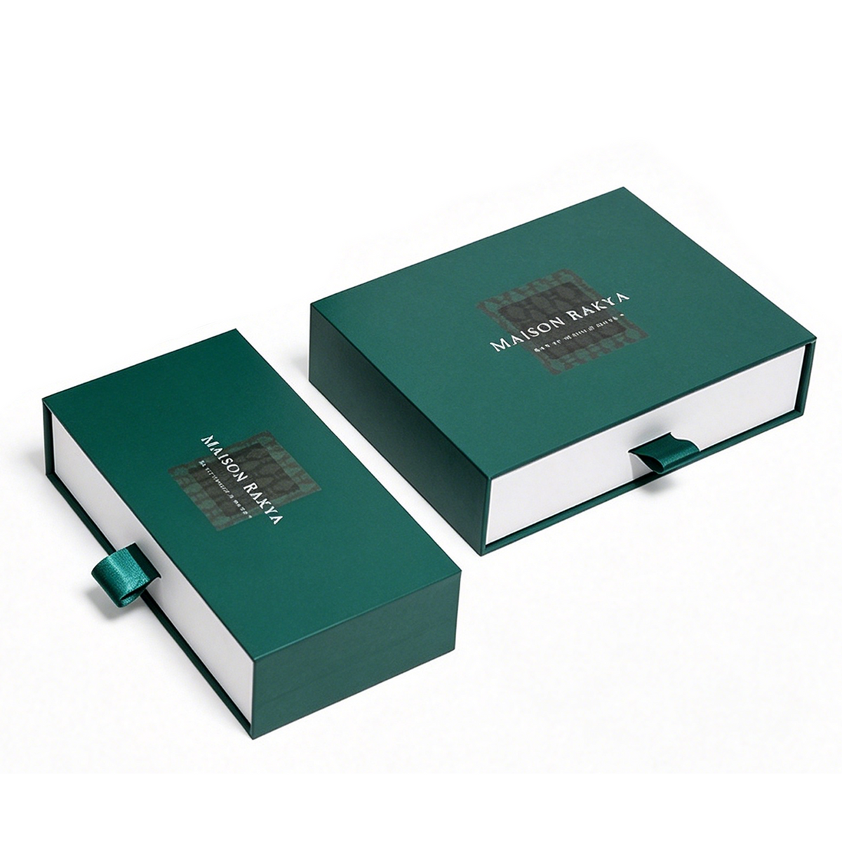 Custom Dark Green Drawer Gift Box | Clear PVC Window Silver Logo Ribbon Pull & Grid Insert for Chocolate Candy Macaron Mooncake & Food Gift Sets | MOQ 100 pcs