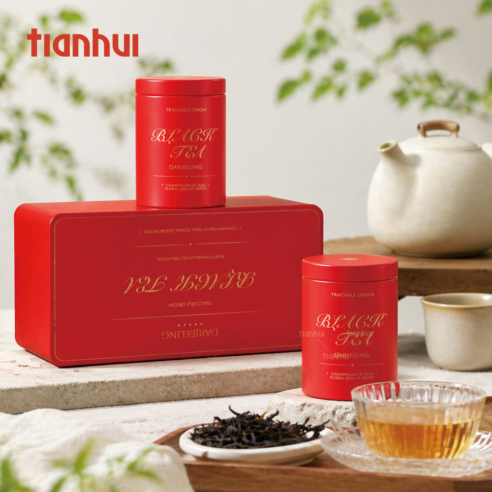 Custom Premium Tea Gift Set Tin Box | Rectangle Tray with 2 Round Tea Caddies Gold Foil Script Print Foam Interior Red or White for Black Tea Green Tea Coffee & Luxury Brand Gift Set | MOQ 100 pcs