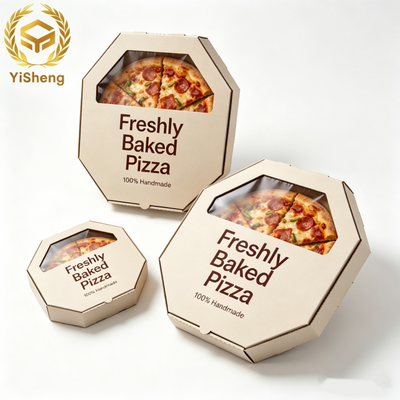 Custom Octagonal Pizza Box with Clear PVC Window | White or Kraft Paper Corrugated for Artisan Handmade Pizza Brand Delivery & Dine-In Packaging | MOQ 100 pcs