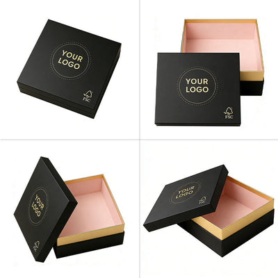 Custom Matte Black Two-Piece Lid and Base Gift Box | Gold Interior Pink Base Gold Foil Logo FSC Certified for Beauty Skincare Apparel Candy & Gift Brand Packaging | MOQ 100 pcs