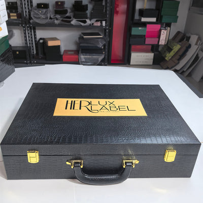 Custom Large Briefcase Style Wood Box | Black Matte Wood Grain Gold Metal Clasp & Handle Red Satin Interior Inner Lid Brand Logo Print for Beauty Skincare Perfume Jewelry Wine Gift Set | MOQ 100 pcs
