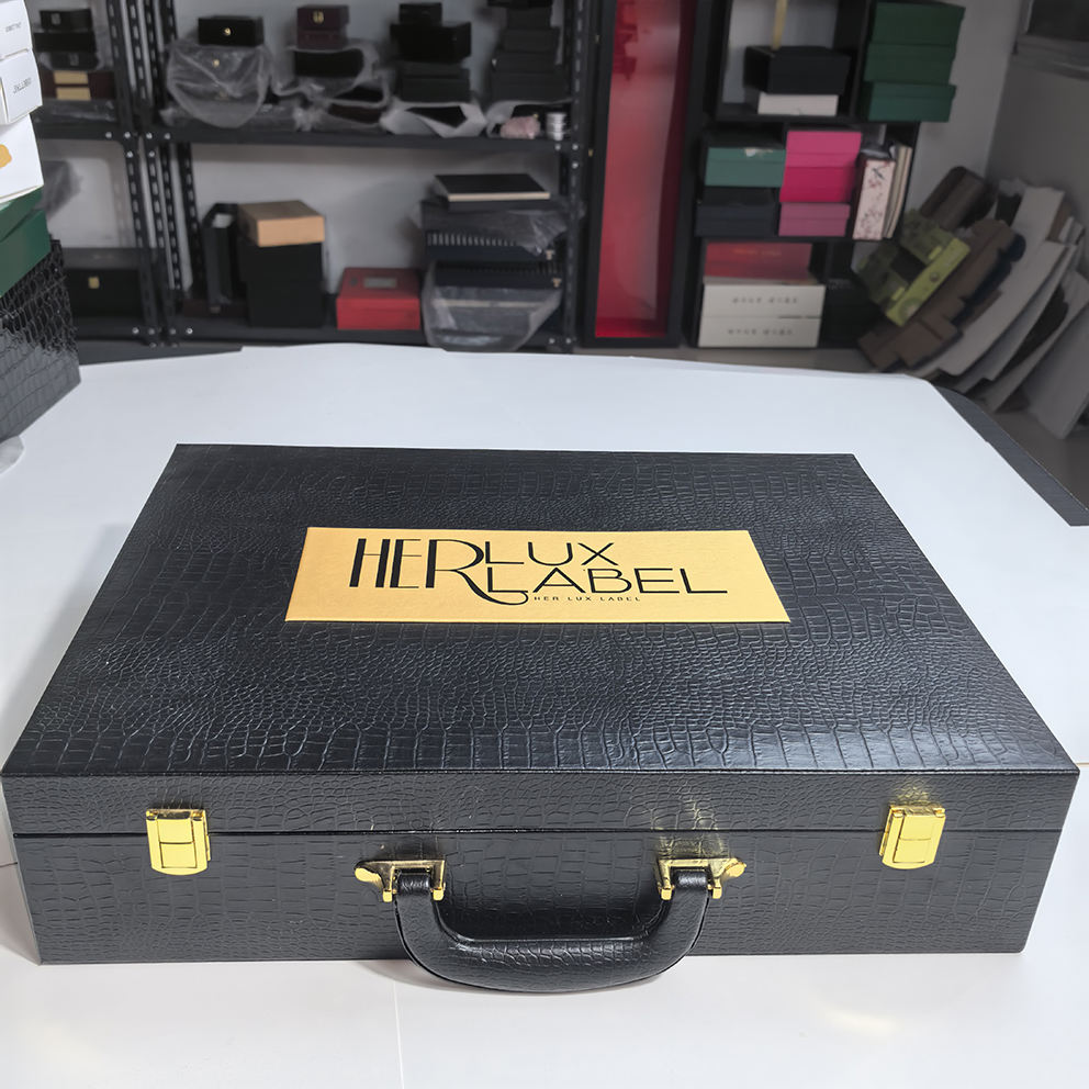 Custom Large Briefcase Style Wood Box | Black Matte Wood Grain Gold Metal Clasp & Handle Red Satin Interior Inner Lid Brand Logo Print for Beauty Skincare Perfume Jewelry Wine Gift Set | MOQ 100 pcs