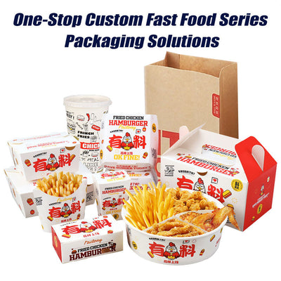 Custom Graffiti Print Fast Food Paper Packaging Set | Burger Box Fry Box Chicken Box Tray Bag & Cup | MOQ 100 pcs