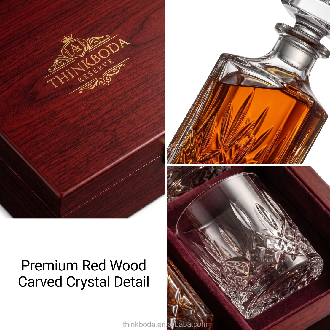 Custom Deep Red High-Gloss Wood Whiskey Decanter Gift Set Box | Inner Lid Gold Brand Logo Hot Stamp Wine Red Velvet Divider Insert Crystal Decanter & 2 Glasses Gold Clasp Hinge for Whiskey Spirits Brand Premium Gift | MOQ 100 pcs
