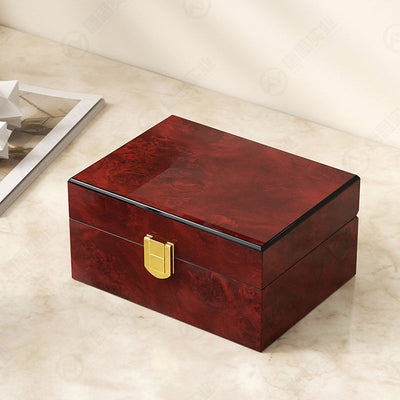 Custom Single Watch Wood Box | Deep Red Piano Lacquer Gold Top Clasp & Front Lock Beige Suede Watch Pillow Interior Black Edge Contrast for Luxury Watch Brand Premium Gift Packaging | MOQ 100 pcs