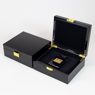 Custom Black Piano Lacquer Hinged Wood Gift Box | Gold Corner Hinges & Front Clasp Black Velvet Interior for Perfume Jewelry Watch Beauty Skincare Luxury Brand Single-Piece Premium Gift | MOQ 100 pcs