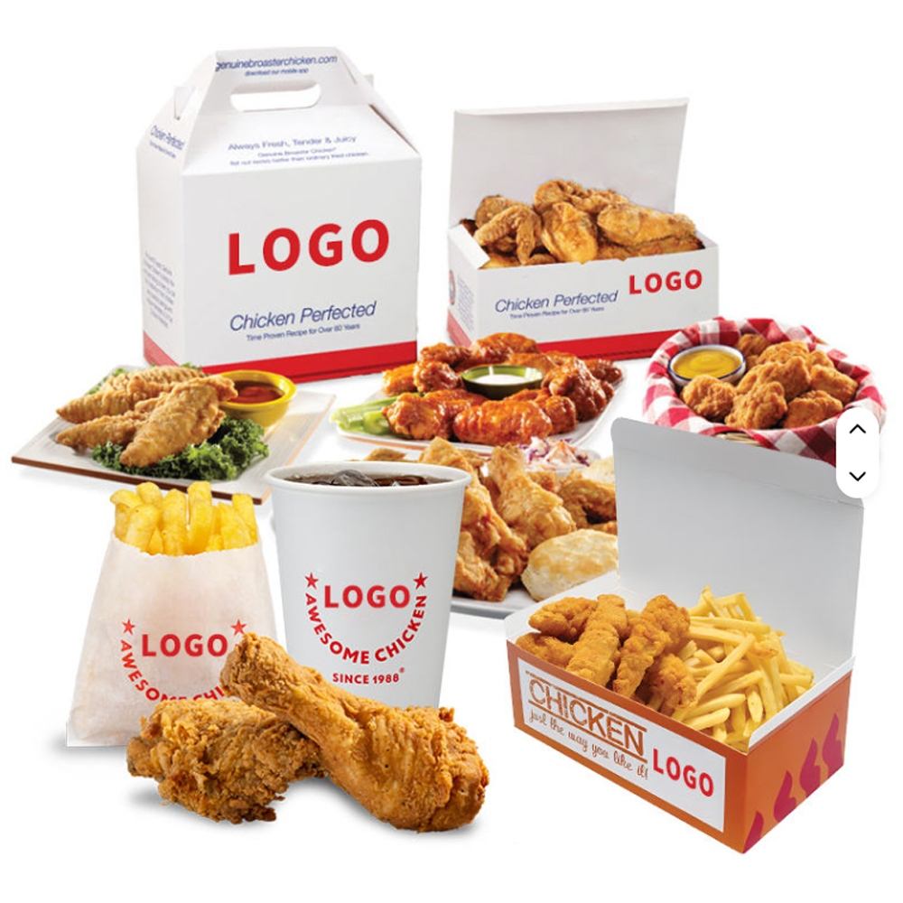 Cajas de papel personalizadas para pollo frito | Caja para pollo con tapa abatible y bandeja para alimentos con logo | Cantidad mínima de pedido: 100 unidades